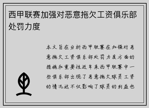 西甲联赛加强对恶意拖欠工资俱乐部处罚力度